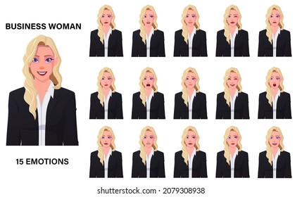 Beautiful Blond Caucasian Businesswoman In Black Suit Emotional Expressions Set Premium