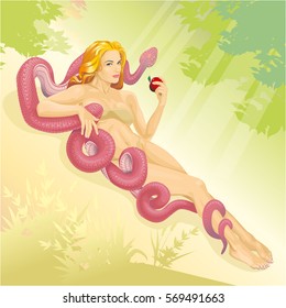 beautiful  blond girl with apple and  snake around her