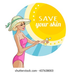 Beautiful blond girl applying sunscreen on her skin to prevent sunburn, vector image, eps10