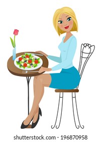 Beautiful blond girl in blue sitting in city cafe eating fresh healthy greek salad with vegetables and feta cheese, cartoon illustration. 
