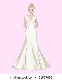 Beautiful blond girl with elegant hairstyle in stylish wedding dress, vector