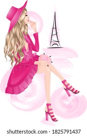 beautiful blond girl in hat on eiffel background. Vector illustration