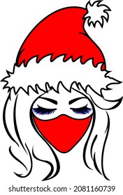 Beautiful blond girl with long eyelashes in red Christmas hat with white fur and red Covid face mask.  