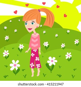 Beautiful blond girl in love walking on a meadow.