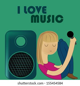 a beautiful blond girl with a microphone and a speakers loving music