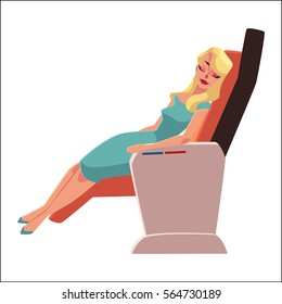 Hermosa dama rubia, mujer durmiendo, tomando una siesta en el asiento de clase ejecutiva de un avión, ilustración vectorial de caricatura sobre fondo blanco. Joven mujer glamurosa sentada y durmiendo en clase ejecutiva