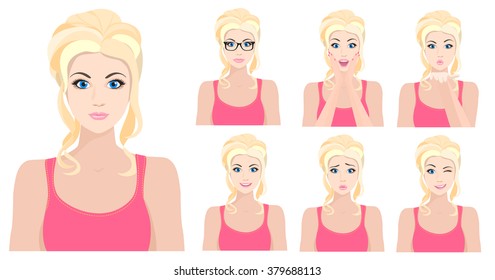 Beautiful blond model girl with different facial emotions expression. Vector illustration.