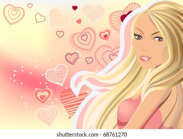 Bella rubia sobre fondo rosado con corazones