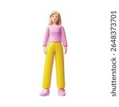 Beautiful blond woman 3d plastic style vector icon. Cartoon smiling lady wear pink blouse and yellow pants. Realistic female character full height. Cute friendly office worker doll, puppet isolated