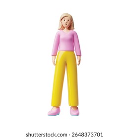 Linda loira mulher 3d plástico estilo vetor ícone. Uma senhora sorridente usa blusa rosa e calças amarelas. Personagem feminino realista de altura completa. Boneca amigável boneca de trabalho de escritório, boneco isolado