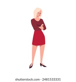 Beautiful blond woman with arms crossed. Cartoon smiling lady wear skirt dress posing. Vector happy female character portrait in casual clothes. Cute friendly office worker isolated