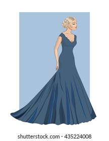 Beautiful blond woman in blue long evening dress,vector