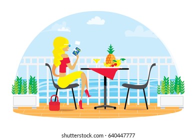 Beautiful blond woman. Chairs and Table on the terrace balcony. Restaurant View over the sea. Water landscape. Dinner Picnic with fruit.  Flat vector