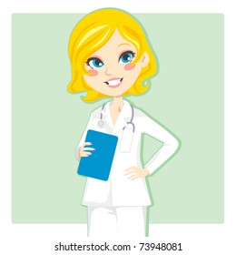 Beautiful blond woman doctor smiling and holding a clipboard.  Female nurse vector illustration character 