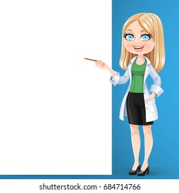 Beautiful blond woman doctor in a white lab coat showing pencil on big white banner and stand on the blue background