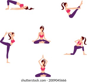 Beautiful blond woman exercising various different yoga poses set isolated on a white background