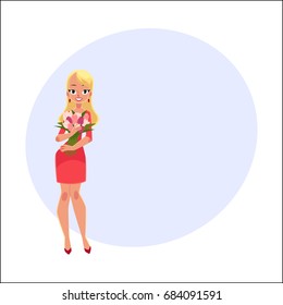 Beautiful blond woman, girl standing, holding bunch of tulip flowers, cartoon vector illustration with space for text. Full length portrait of happy girl, woman holding bunch of tulip flowers