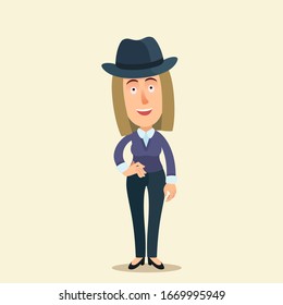 Beautiful blond woman with a men's black hat on head. A woman in pant holds hand on hip and smiles. Stylish girl, business woman. Vector illustration, flat design, cartoon style, isolated background.