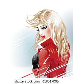 Beautiful blond woman in a red coat on a light background. Portrait of a girl. Vector illustration.