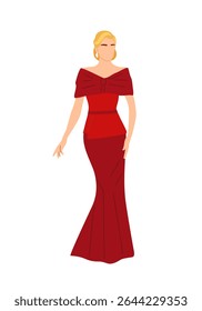 Linda mulher loira em um vestido de noite longo vermelho. Elegante e elegante olhar. Ilustração vetorial isolada no plano de fundo branco