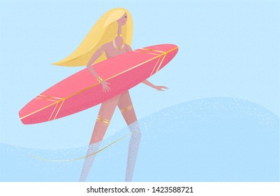 Beautiful blond woman with red surfboard in the sea. Vector illustration with grainy texture