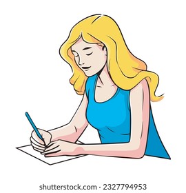 A beautiful blond woman sitting, smiling, sketching icon isolated