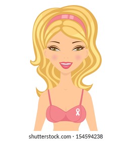 Beautiful blond woman  wearing pik bra against breast cancer