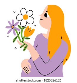 Beautiful blond young pregnant woman with flowers, maternity vector illustration, isolated on white background