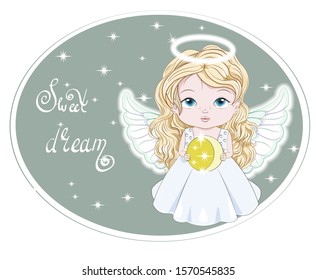 Beautiful blonde angel, holding moon, in night star sky, wishing sweet dreams. Picture in hand drawing cartoon style, for t-shirt wear print, fashion design, greeting card, party invitation