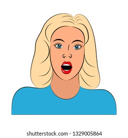 Beautiful blonde with blue eyes. Young girl. Minimalist style. The mouth is ajar. Blonde wavy hair. Stylish lady. Surprised face expression. For beauty salon, hairdresser, t-shirt, poster, print cards