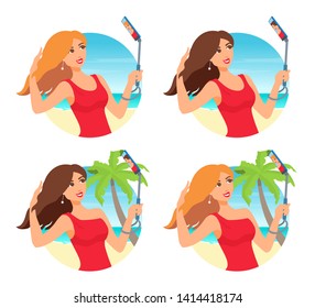 A beautiful blonde, brunette young adult woman in a red swimsuit takes a selfie. Attractive girl smiling, looking at a phone. Circle shape beach background. Seaside view. Vector cartoon illustration.