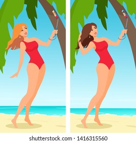 A beautiful blonde, brunette young adult woman in a red swimsuit takes a selfie. Girl smiling, looking at a phone. Tall and thin fashion model. Vector cartoon illustration isolated on white.