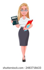 Hermosa mujer rubia de negocios con calculadora. Personaje de dibujos animados de empresaria linda.