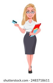 Hermosa mujer rubia de negocios con tarjeta de crédito. Personaje de dibujos animados de empresaria linda.