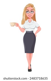 Hermosa mujer rubia de negocios que tiene un descanso para el café. Personaje de dibujos animados de empresaria linda. 