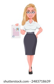 Hermosa mujer rubia de negocios sosteniendo currículum. Personaje de dibujos animados de empresaria linda.