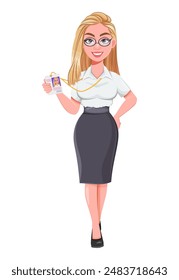 Hermosa mujer rubia de negocios con placa. Personaje de dibujos animados de empresaria linda. 