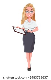 Hermosa mujer rubia de negocios haciendo notas. Personaje de dibujos animados de empresaria linda.