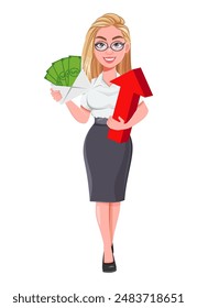 Hermosa mujer rubia de negocios haciendo dinero. Personaje de dibujos animados de empresaria linda. 