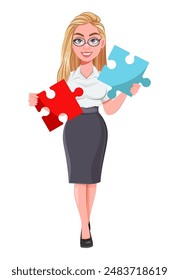 Hermosa mujer rubia de negocios resolviendo puzzle. Personaje de dibujos animados de empresaria linda.