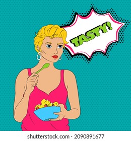 Beautiful blonde with dessert. Pop art style. 