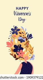 Beautiful Blonde Dreaming Woman with Flowers in Hair..International Women's Day.Relaxing Meditation.Psychoanalysis Healthcare.Template with Cute Woman,Flowers for Card,Poster,Flyer.Vector Illustration