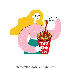 Lindo loira comendo tteokbokki com pauzinhos. Ilustração desenhada à mão vetorial.