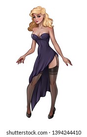 Beautiful blonde in evening dress on white background. Vector illustration