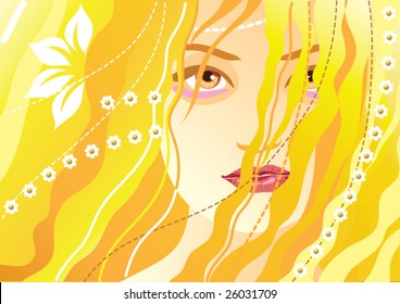 a beautiful blonde girl adorned hair with flowers