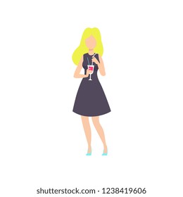 Beautiful blonde girl drinking cocktail at party, young woman having fun at nightclub vector Illustration on a white background
