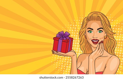 Beautiful blonde girl with a gift on a colored background. in a bright pop art style