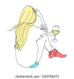 Beautiful blonde girl with a glass of white wine vector isolated doodle art