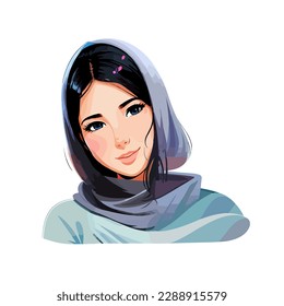 Beautiful blonde girl in a gray scarf.A very nice girl smiles and looks up. gray green Shawl. Emotion woman face. Portrait.Isolated vector illustration
