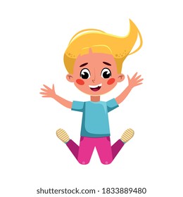 Beautiful Blonde Girl Happily Jumping, Cute Preschool Kid Having Fun, Doing Sports Cartoon Style Vector Illustration